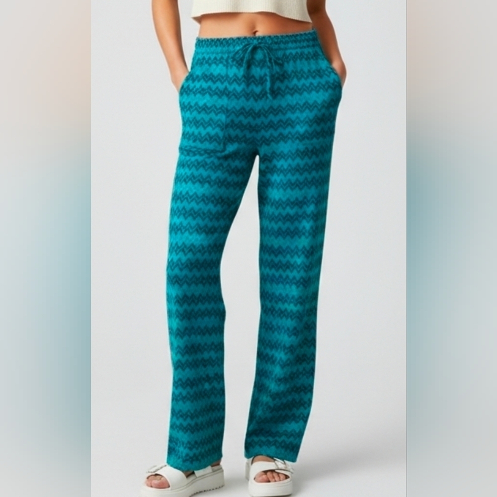 Zara Women's Teal Zigzag Patterned Wide Leg Pants with Pockets & Drawstring, S